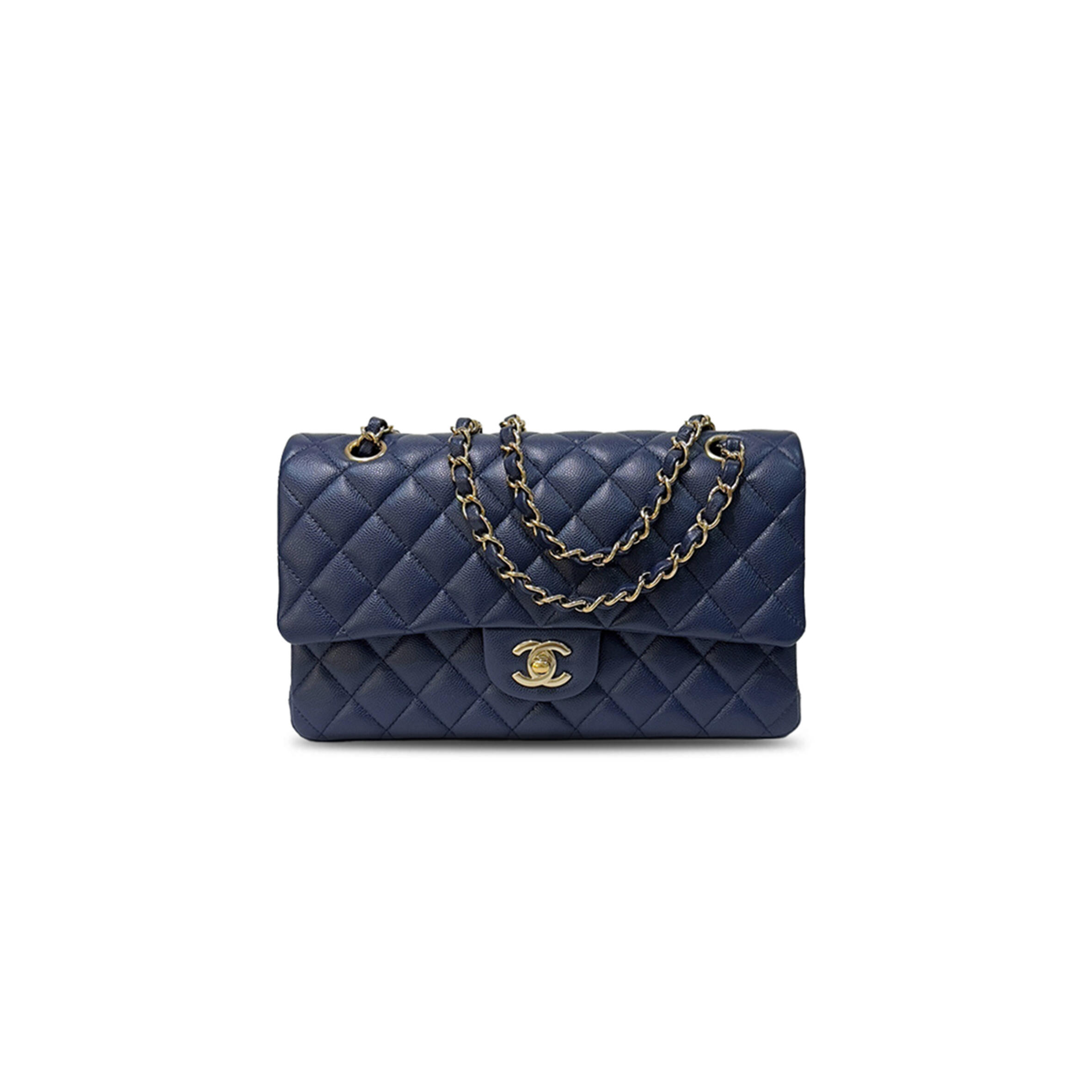 Ch*el master navy blue quilted caviar jumbo classic double flap bag pale gold hardware (30*20*10cm)